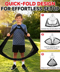 Child holding folded Two Pack 4x3 Feet Kids Soccer Goals For Backyard Portable Pop Up Nets with setup steps diagram