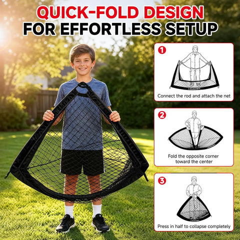 Child holding folded Two Pack 4x3 Feet Kids Soccer Goals For Backyard Portable Pop Up Nets with setup steps diagram