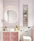 Fresh Boho Striped Peel And Stick Wallpaper Roll In Light Pink Waterproof Vinyl Contact Paper applied in modern bathroom with round mirror.