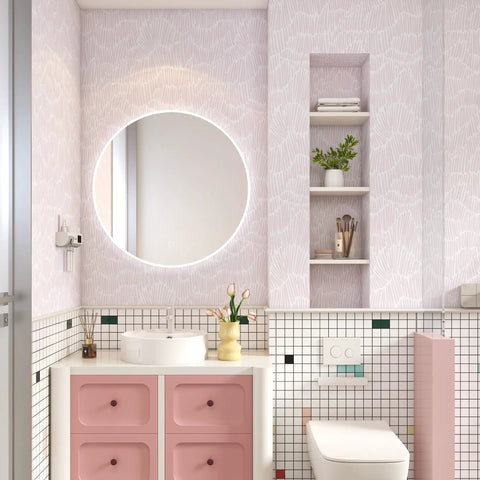 Fresh Boho Striped Peel And Stick Wallpaper Roll In Light Pink Waterproof Vinyl Contact Paper applied in modern bathroom with round mirror.