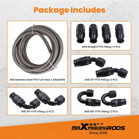 8AN 20 Foot Braided Fuel Line Kit With One Half Inch PTFE Hose And Steel AN8 Fittings For E85 Fuel And Pro Street Builds