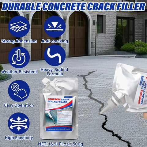 No Sweat Concrete Crack Filler Set Self Leveling Flexible Sealant For Driveways And Foundations 50 Oz displayed on a cracked concrete surface.