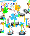 Eight Pack Electrical Fan STEM Kits For Kids Ages 8 To 12, displayed assembled with colorful bases, batteries not included.