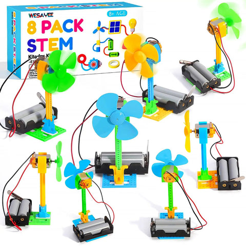 Eight Pack Electrical Fan STEM Kits For Kids Ages 8 To 12, displayed assembled with colorful bases, batteries not included.
