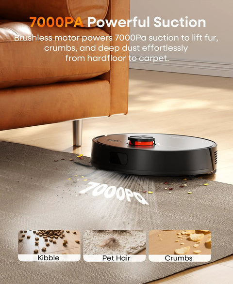 Image showing Robot Vacuum And Mop Combo With Self Emptying Station And 7000Pa Suction LiDAR Navigation 180 Minutes Runtime in action on carpet