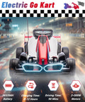 Front view of red BMW Licensed Drift Electric Go Kart for Kids racing on a track with LED lights, dual motors, and drift mode.