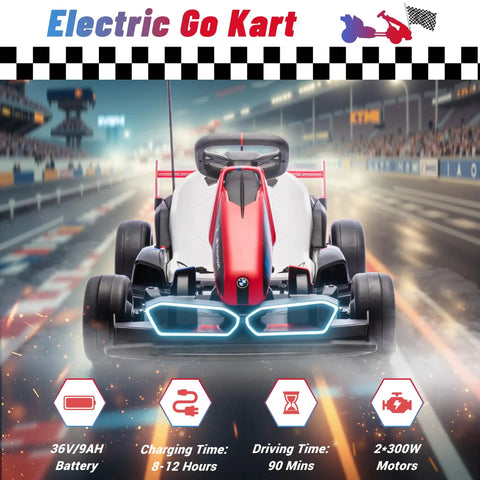 Front view of red BMW Licensed Drift Electric Go Kart for Kids racing on a track with LED lights, dual motors, and drift mode.