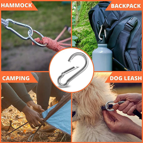 Beefy 5.5 Inch Carabiner Clips Set Of 2 Stainless Steel 304 Snap Hooks for versatile use in camping, backpacking, and pet leashing.
