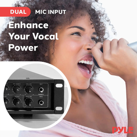 Woman singing into mic with inset of Beefy Bluetooth PA Mixing Amplifier 500W For Home Audio And Karaoke, Rack Mount Stereo Power Amp.