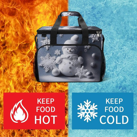 Go-To Insulated Picnic Backpack Tote With 30L Capacity, Leakproof Cooler Bag featuring snowman print and fire-ice background