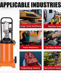 Heavy Duty Pneumatic Grease Pump Delivers Ultra High Pressure 50 To 1 Flow With images of applicable industries and machinery usage.