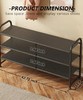 Three Tier Shoe Rack Storage Organizer, Wide Metal Shelf For Closet And Entryway, Holds Up To 18 Pairs Of Shoes, dimensions shown
