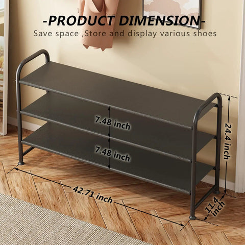 Three Tier Shoe Rack Storage Organizer, Wide Metal Shelf For Closet And Entryway, Holds Up To 18 Pairs Of Shoes, dimensions shown