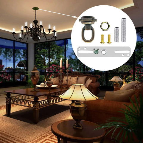 Cross Bar Light Fixture Kit With 1/4 IP Center Screw Collar Canopy Hardware In Antique Brass For Hanging Chandeliers, Fixing Fixtures, Rebuilding Lamps, And Creating Custom Table Or Pole Lamps. Antique brass crossbar, screw collar, and mounting screws.