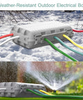 Tough As Nails Outdoor Waterproof Electrical Box in grey, shown in snowy and wet conditions with multiple colored cables.
