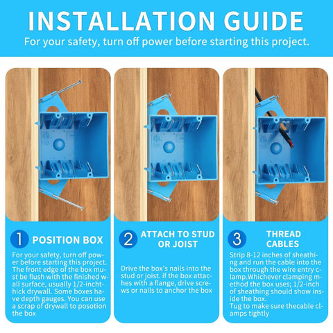 Two Gang Nail On Electrical Box Made From PVC Plastic For New Work Wall Installations In Blue Color With 32 Cubic Inches Of Capacity ETL Certified No Knockouts And Fixed Nails For Quick Durable Switch And Outlet Setups For Easy Installations shown in installation guide with steps for mounting on wooden surfaces.