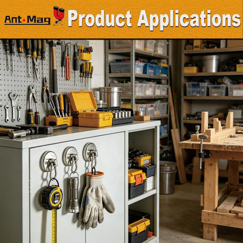 Heavy Duty Magnetic Carabiner Hooks With Neodymium Magnet, 80 Lbs Hold, Swivel Snap Hooks used in workshop with tools.