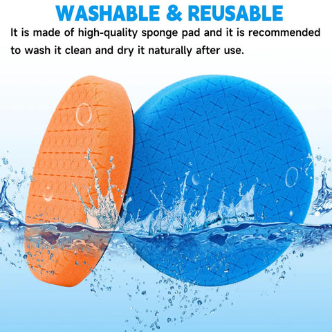 Orange and blue polishing pads from Six Inch Buffing Polishing Pad Kit With Wool Pads And M14 Drill Adapter, washable and reusable.