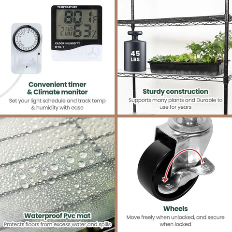 Indoor Grow Cabinet With Five Tier Shelves And Eight Full Spectrum Grow Lights 6000K Thick PVC Cover Mesh Ventilation Hygrometer And Timer