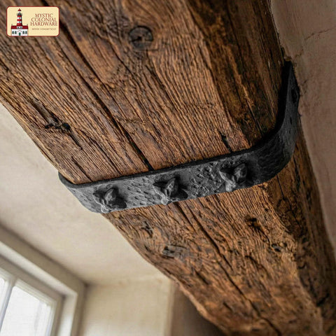 Colonial Era Solid Cast Iron Decorative Nailhead Studs For Doors, Cabinets And Furniture installed on rustic wooden beam