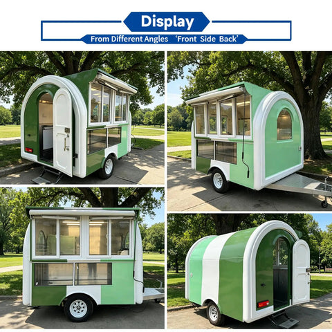 10 Foot Green Food Cart Trailer With Pullout Awning, Turnkey Grub Getter For Urban Hustlers, showing front and side views in a park.