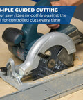 Heavy Duty Straight Edge Guide XL 98 Inch Circular Saw Rail with saw riding smoothly for precision cuts on wood.