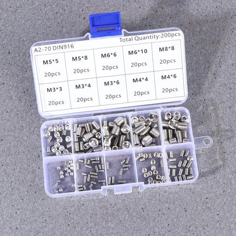 Headless Grub Screw Set Kit 200 Pack With M5 Hex Socket And M8 Stainless Steel Flat Point Fasteners For Locating Pulleys And Gears All In One Heavy Duty High Tensile Strength Metric Bolts, assorted sizes in organizer case
