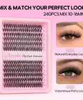 DIY Lash Extensions Kit With 240Pcs 30D And 40D Lash Clusters, 10 To 16mm Thin Band, shown in package with lash styles.