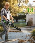 Man using Ergonomic Leaf Blower Handle 2.0 Feather Light Back Saving Grip With Shoulder Strap in garden