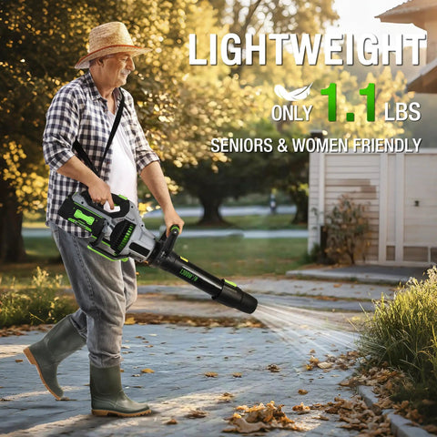 Man using Ergonomic Leaf Blower Handle 2.0 Feather Light Back Saving Grip With Shoulder Strap in garden
