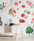 66 Pieces Large Hawaiian Floral Wall Decals Set With Palm Leaves And Hibiscus for DIY Craft Home Decor on dining room wall