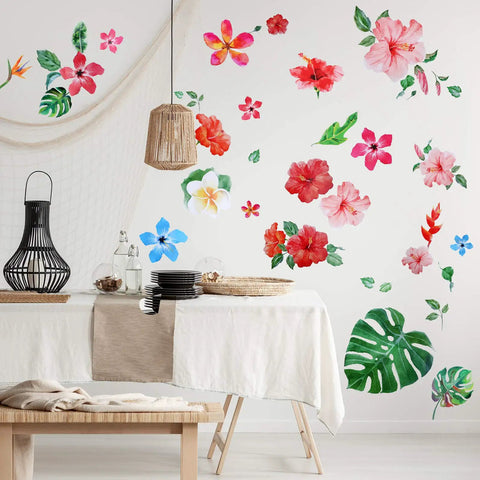 66 Pieces Large Hawaiian Floral Wall Decals Set With Palm Leaves And Hibiscus for DIY Craft Home Decor on dining room wall
