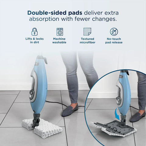 Whole Home Steam Mop With Detachable Handheld for sealed floors showing double-sided cleaning pads in use.