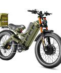 Beast Mode Dual Motor Electric Bike For Adults With Loaded Cargo Rack And Massive Battery cruising on rugged terrain.