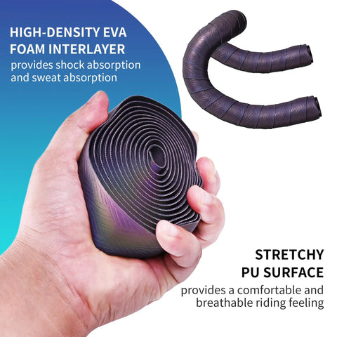 Hand holding rolled Rocket Texture Anti Slip Bar Tape For Road Bikes Cushioned PU Handlebar Wrap with EVA foam interlayer.