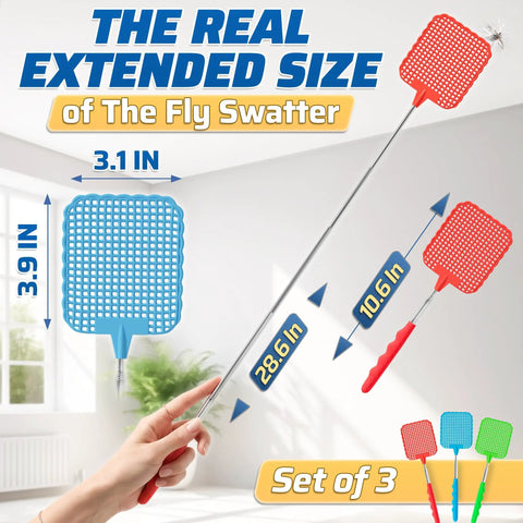 Hand holding Three Pack Telescoping Fly Swatters with 28.6 Inch Stainless Steel Handles Extendable Bug Swatters indoors.