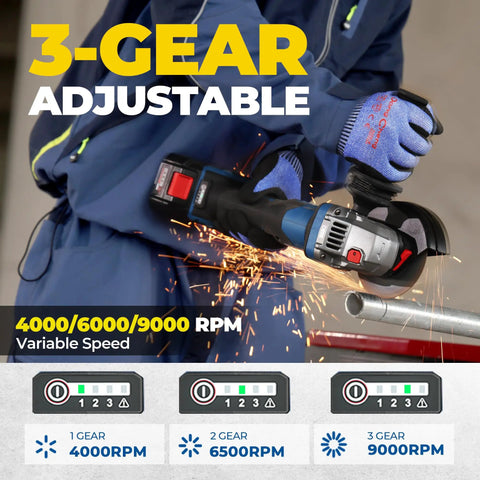 Cordless Angle Grinder Kit With Paddle Switch 20V 4-1/2 Inch 9000 RPM For Cutting Grinding Polishing Includes 6 Discs And 4.0Ah Battery Plus DSC Protection And No Lock On Paddle. 3-gear adjustable angle grinder cutting metal with sparks