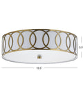 Brass Gold Modern LED Flush Mount Ceiling Light With White Linen Drum Shade And Geometric Fretwork, 15.5 Inch Fixture