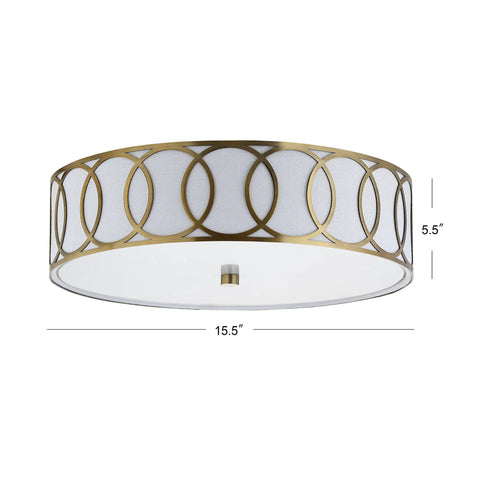 Brass Gold Modern LED Flush Mount Ceiling Light With White Linen Drum Shade And Geometric Fretwork, 15.5 Inch Fixture
