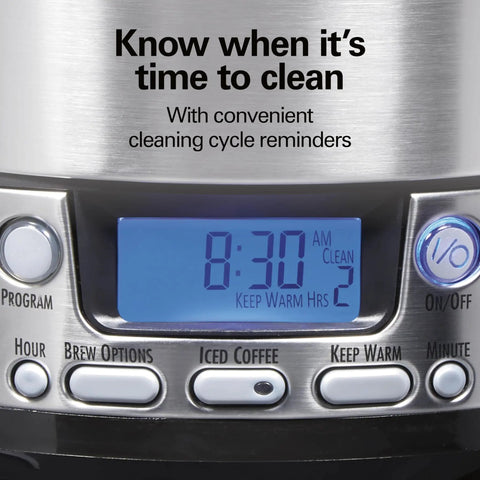 Close-up of One Press Programmable Dispensing Coffee Maker No Carafe For Fresh Coffee On Demand 12 Cup Capacity display screen