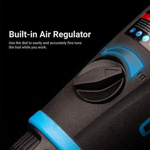 Heavy Duty 1 HP Air Die Grinder Set With Built In Regulator featuring an adjustable air regulator dial for tool precision.