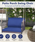 Cozy Navy Rattan Patio Swing Chair For One With Cushions, Heavy Duty Metal Frame And Sturdy Hanging Ropes, Outdoor Setup