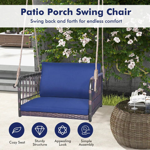 Cozy Navy Rattan Patio Swing Chair For One With Cushions, Heavy Duty Metal Frame And Sturdy Hanging Ropes, Outdoor Setup