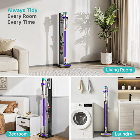 Durable Aluminum Vacuum Stand For Dyson Gen5 V15 V12 V11 V10 V9 V8 V7 V6 Cordless Vacs in living room, bedroom, laundry setups