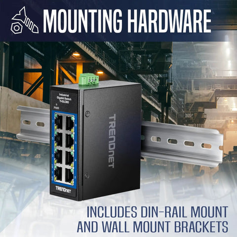 Compact Industrial 8-Port Gigabit DIN-Rail Switch Built For Rough Environments, IP30 Rated, shown with mounting hardware.