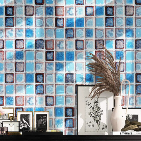 DIY Friendly Peel And Stick Blue Tile Vinyl Wallpaper For Bathroom And Kitchen Backsplash Waterproof And Removable Self Adhesive Wall Covering No Mess Install 15.8 By 394 Inches