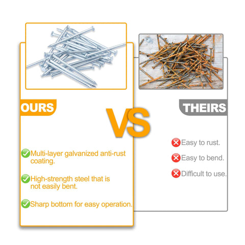 Comparison of Assorted Picture Nails Kit 700 Pcs With 1 Inch To 2 Inch Finish Nails For Wall Art Decor Drywall And Wood Silver against rusted nails.