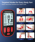 Front view of KingPavonini red 3-in-1 TENS unit with LCD screen and 12 pads.