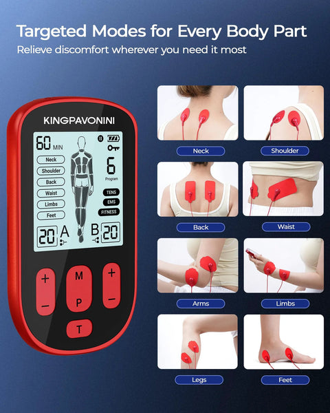 Front view of KingPavonini red 3-in-1 TENS unit with LCD screen and 12 pads.