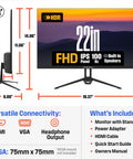 Front and side view of 22-Inch Slick FHD IPS Gaming Monitor with 100Hz refresh, built-in speakers, HDMI and VGA ports.